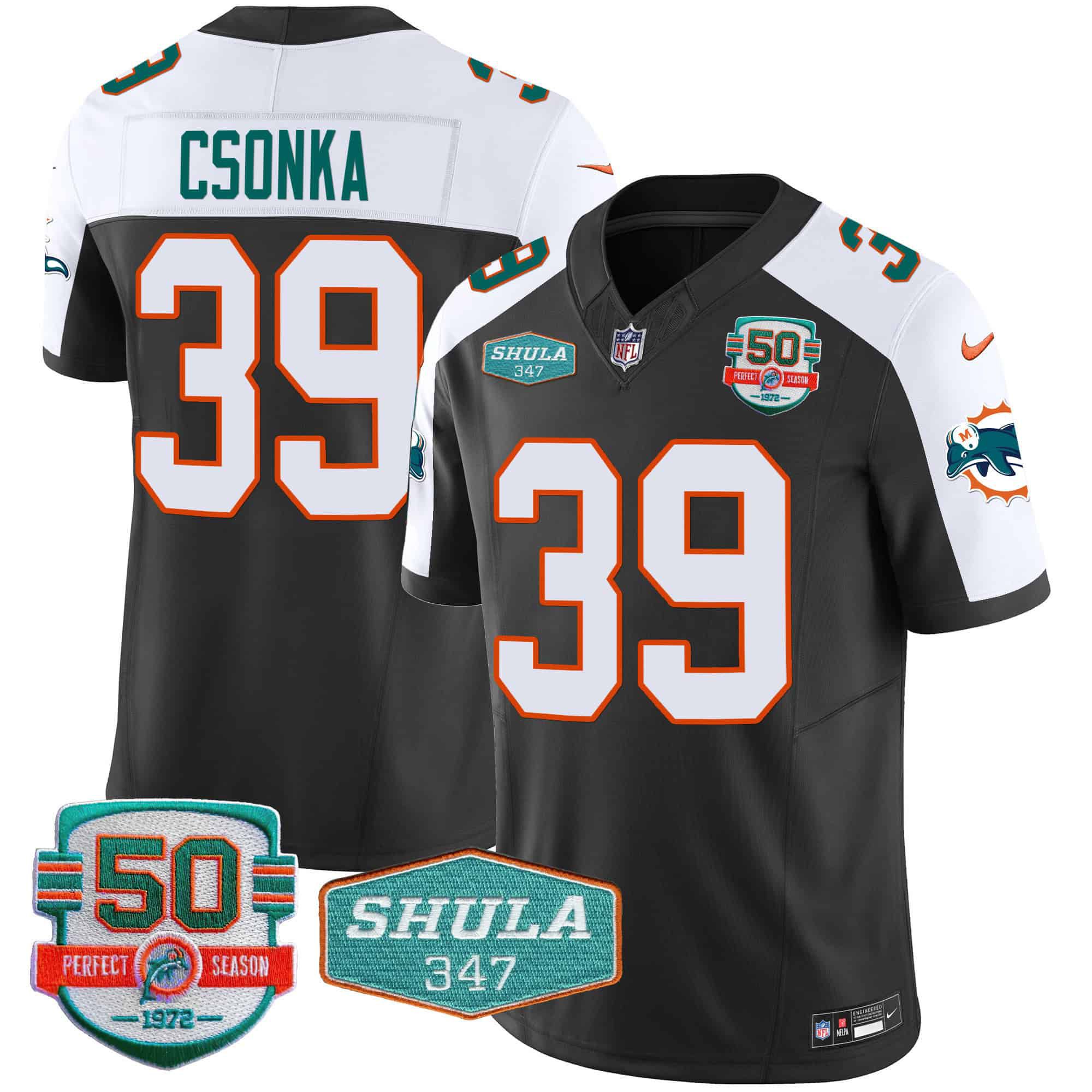 Men Miami Dolphins #39 Csonka Black 2024 Nike Throwback Shula 347 Patch Vapor NFL Jersey